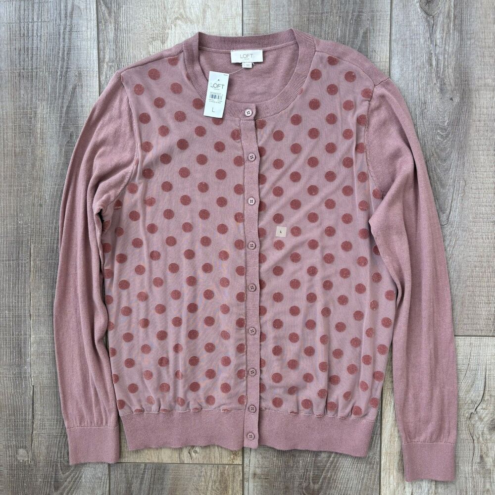 Ann Taylor LOFT Cardigan Sweater Womens Size L Mauve Polka Dot Button Front NWT
